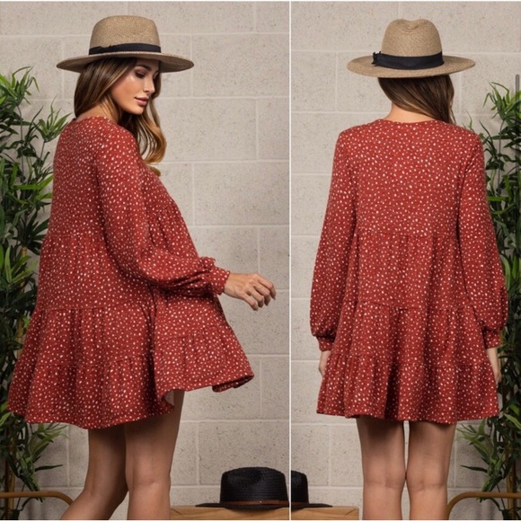 USA Made Women’s fall brick red & rust babydoll flowy cute comfy fall dress - Picture 2 of 2